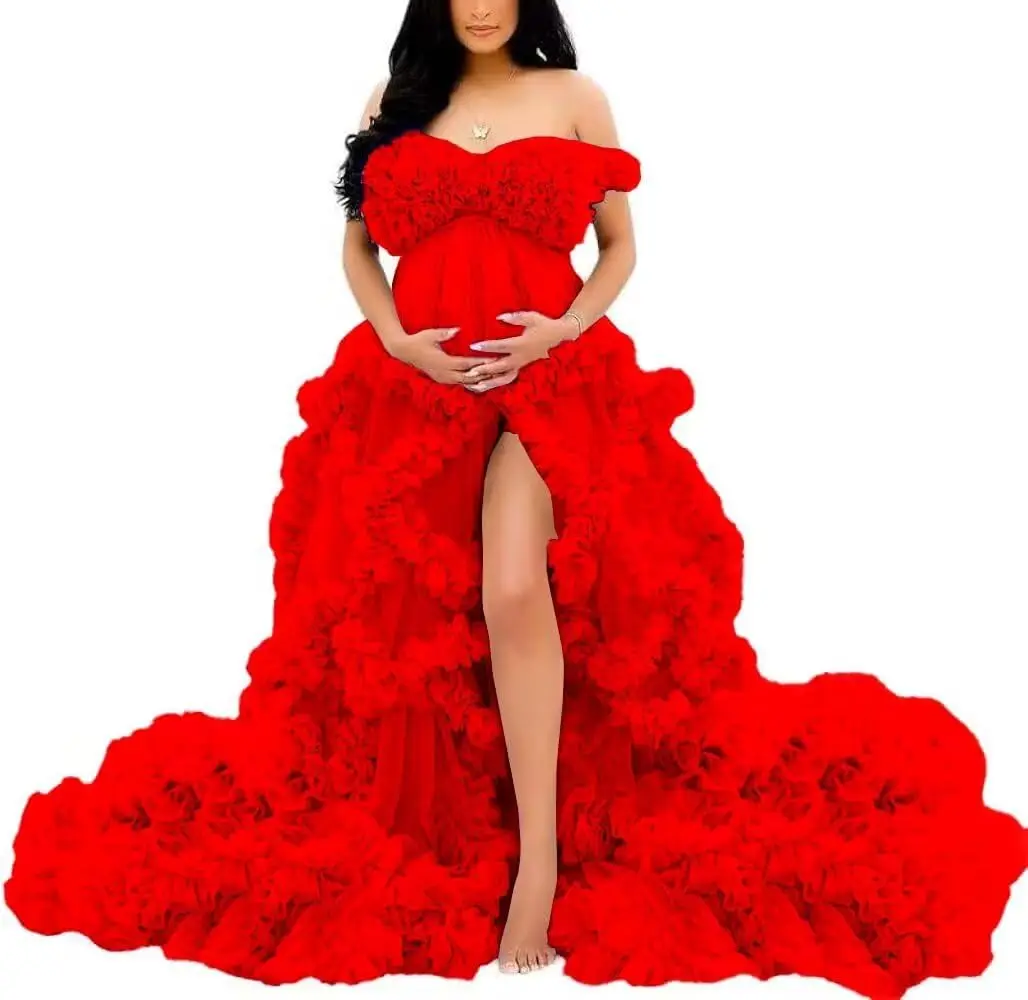 Fotoshoot & babyshower tule zwangerschapsjurk - off-shoulder, puffy ruches, elegante lange jurk voor zwangerschap