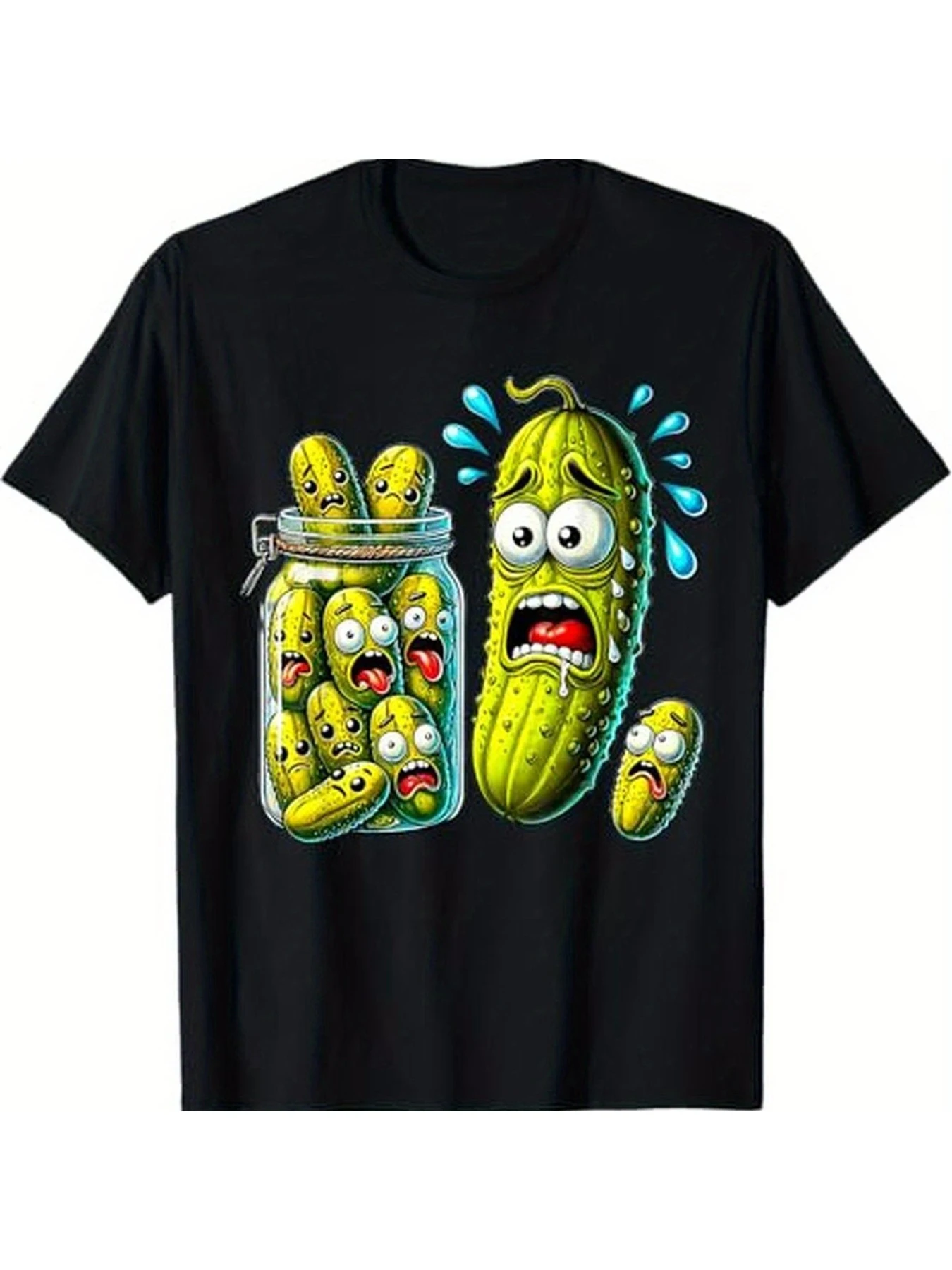 

Pickle Jar Escape Comedy Cartoon Art Men and women's short sleeve T-shirt black round neck