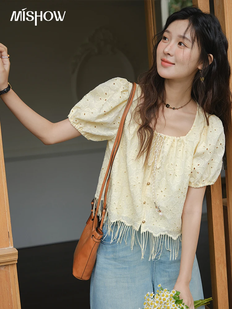 MISHOW Women's Fashion Hollow Out Blouse Summer 2025 Embroidery Puff Sleeve Square Collar Tassel Ladies Casual Top MXE37X1851