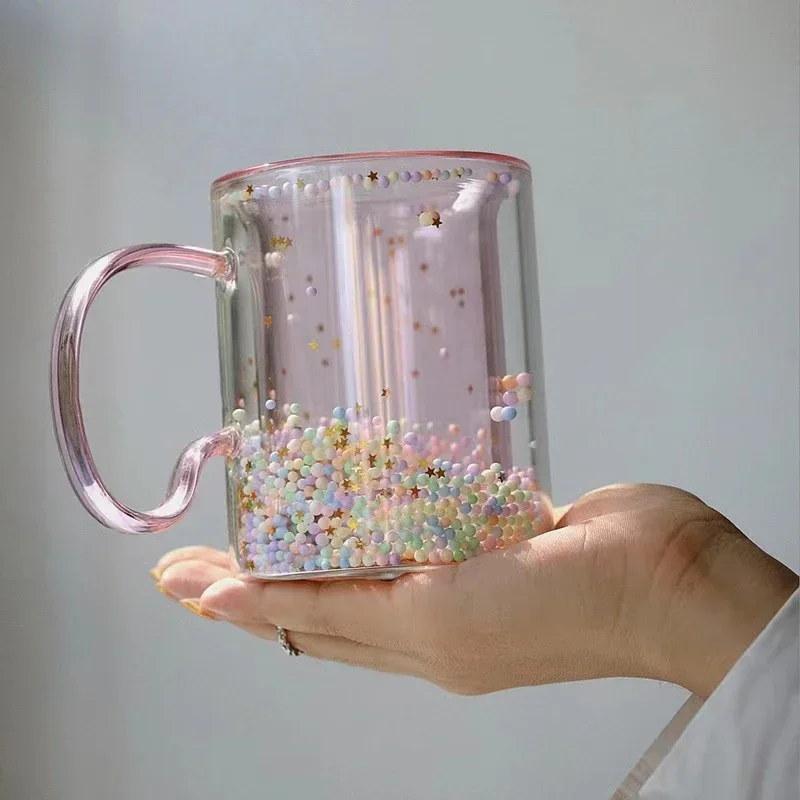 Korean ins Girl Heart  Kawaii  Bubble Star Sky Cup Star Sequin Double Wall Glass Coffee Cups Handle Heat Resistant Milk Mug