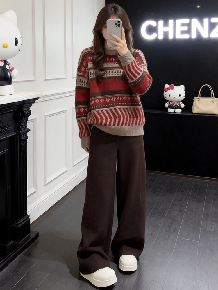 

Korean Sle Spring Faion Set Women's round Ne Striped Loose Slimming Wide Leg Pants Two Piece Set Casual Wear