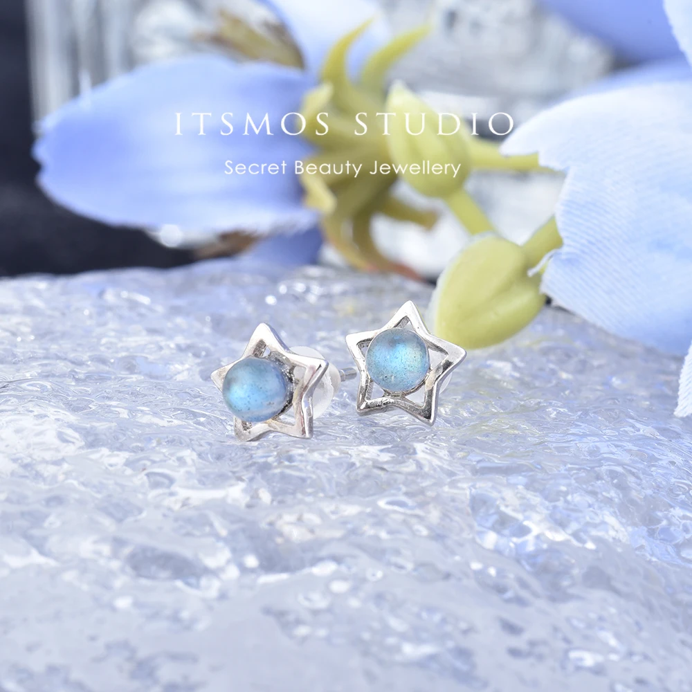 ITSMOS Natural Genuine Labradorite Star Earrings Studs Handmade Polish Tarnish Resistant Earring for Women Jewelry Girl Gift