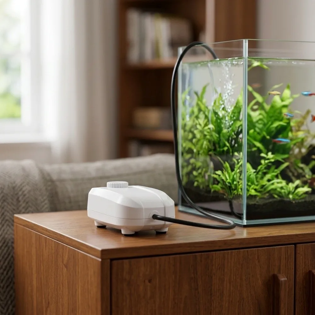 8W Silent Air Pump for Aquariums 70-700L Range Dual Adjustable Outlet 2-4L/MIN 220V Power 15x10x10cm Dimensions