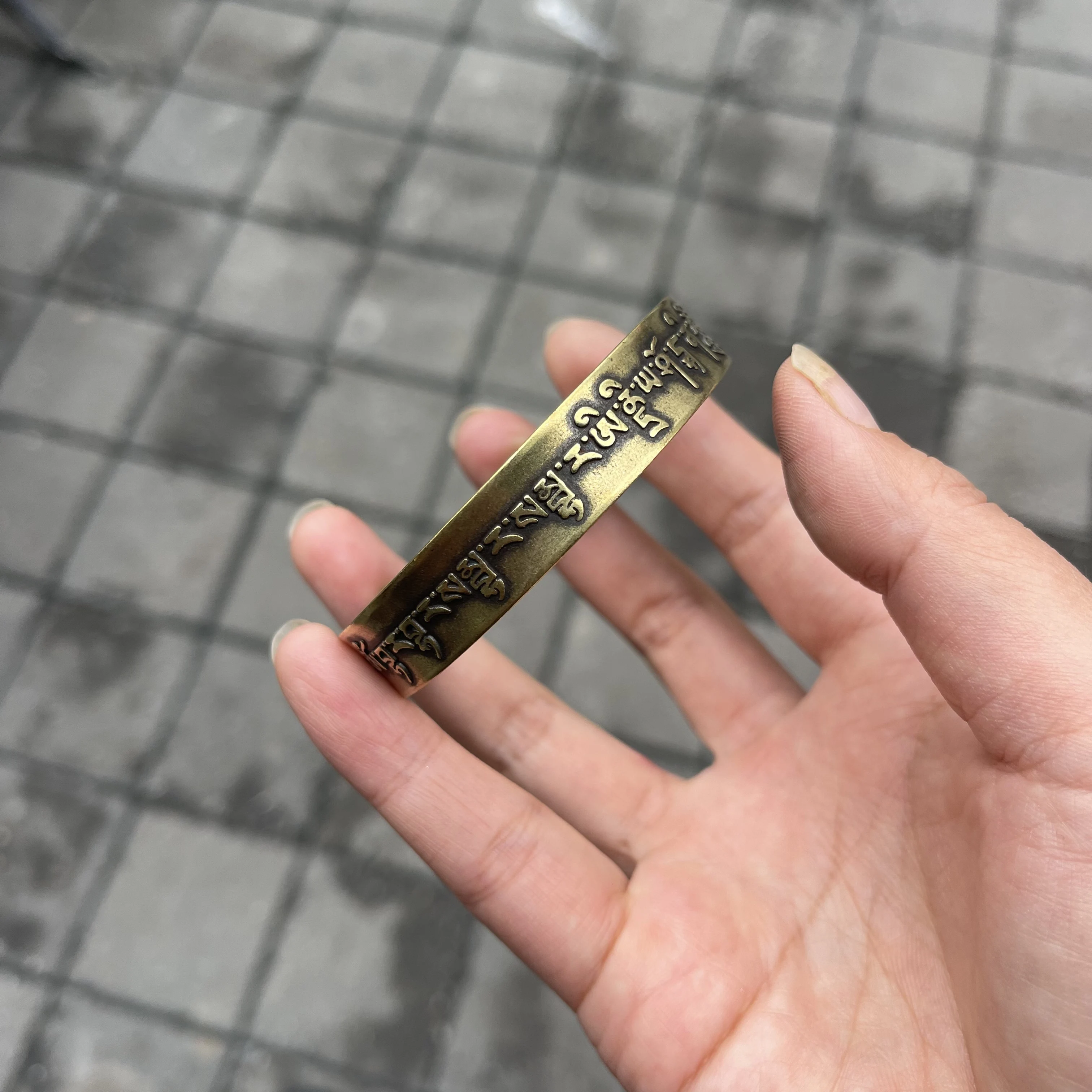 Vintage Brass Tone Open Cuff Bangle, Ethnic Tibetan Script Engraved Bracelet, Oriental Retro Cultural Decor Jewelry for Men Wome
