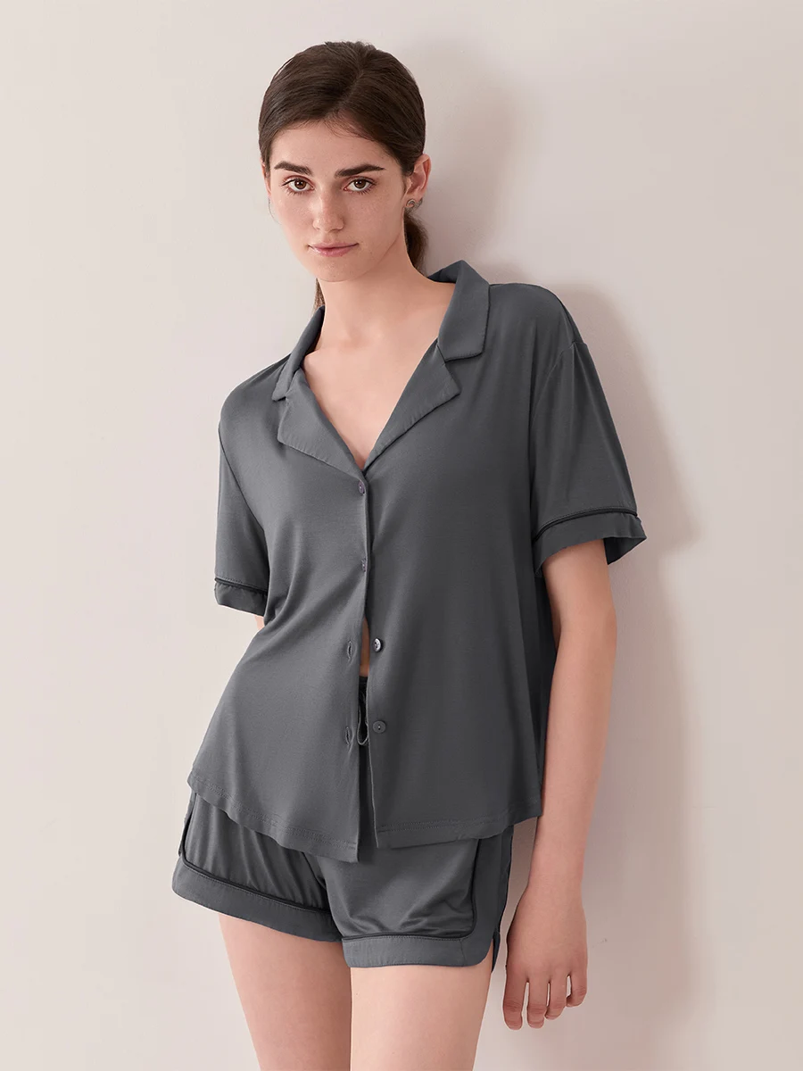 Women Summer Pajama Set Solid Color Short Sleeves Lapel Button Shirt and Elastic Shorts Loungewear Soft Sleepwear for Nightwear