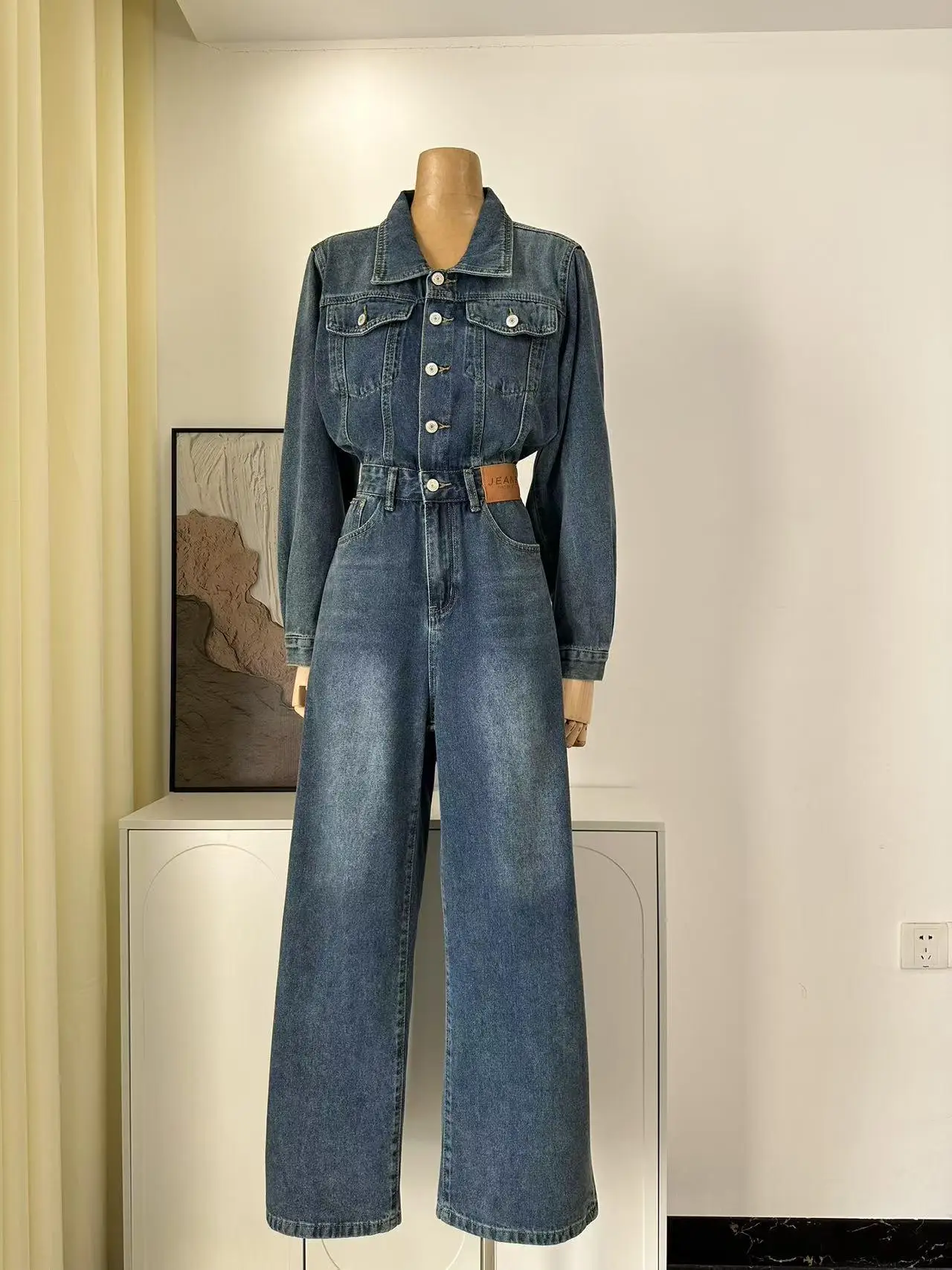 

Missez Vintage High Waist Wide Leg Jumpsuit Long Sve Denim Waed Commute Sle Women's High Waist Long Pants Jumpsuit