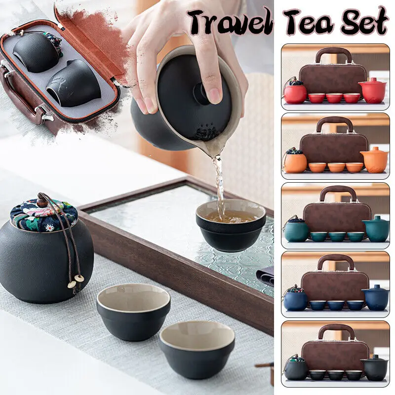 5Pc Portable Travel Tea Set Mini Teacup Tea Travel Ceramics Portable Kungfu One Pot Three Cups With Tea Infuser Tumbler New