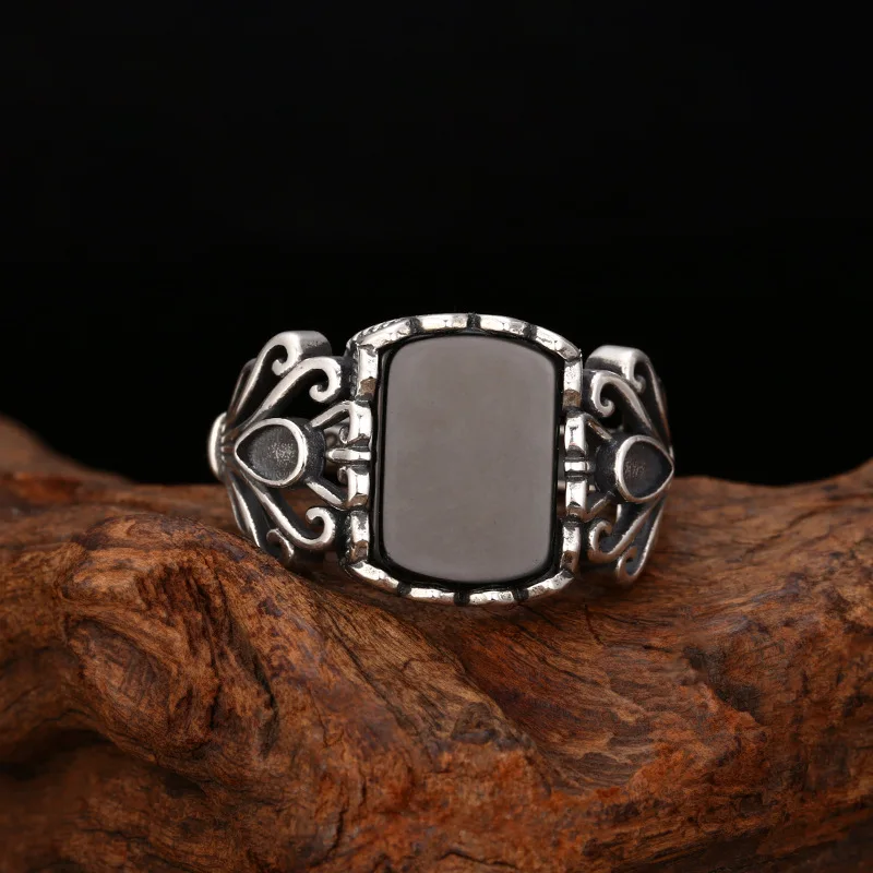 S925 Sterling Silver Black Agate Adjustable Ring Punk Style Old Process Flower Free Size Women Fine Jewelry FYRNG161