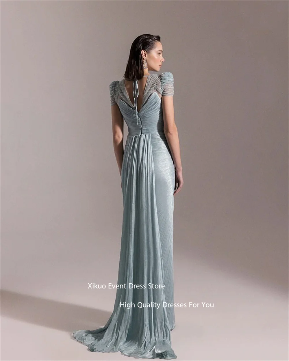 Xikuo lindo decote em v chiffon vestidos de noite ruched mangas boné vestido de baile shimmer alta fenda vestidos de ocasião especial personalizados