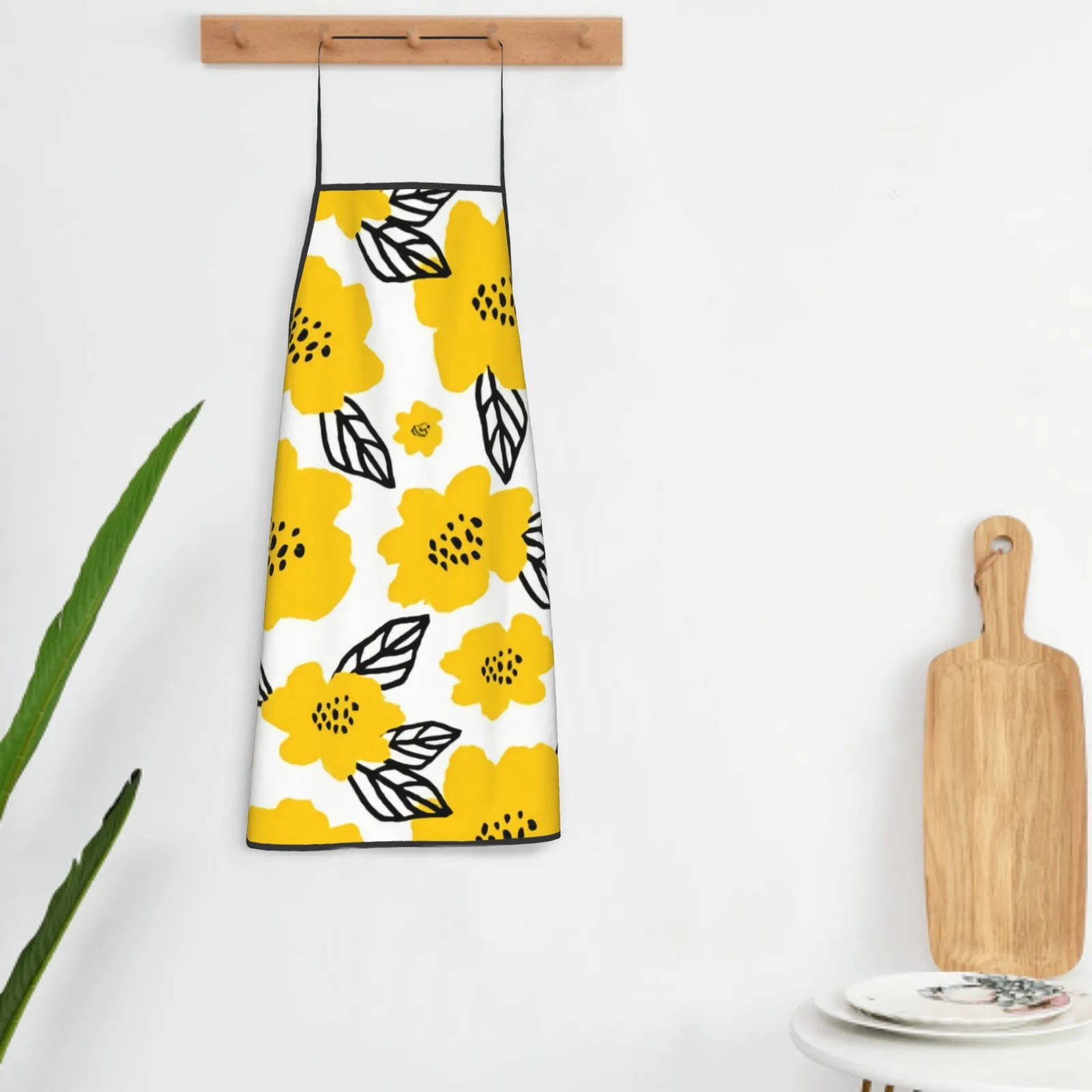 Summer Yellow Flower Polyester locking hem Apron Home Cooking Baking Kitchen White Leaves Apron