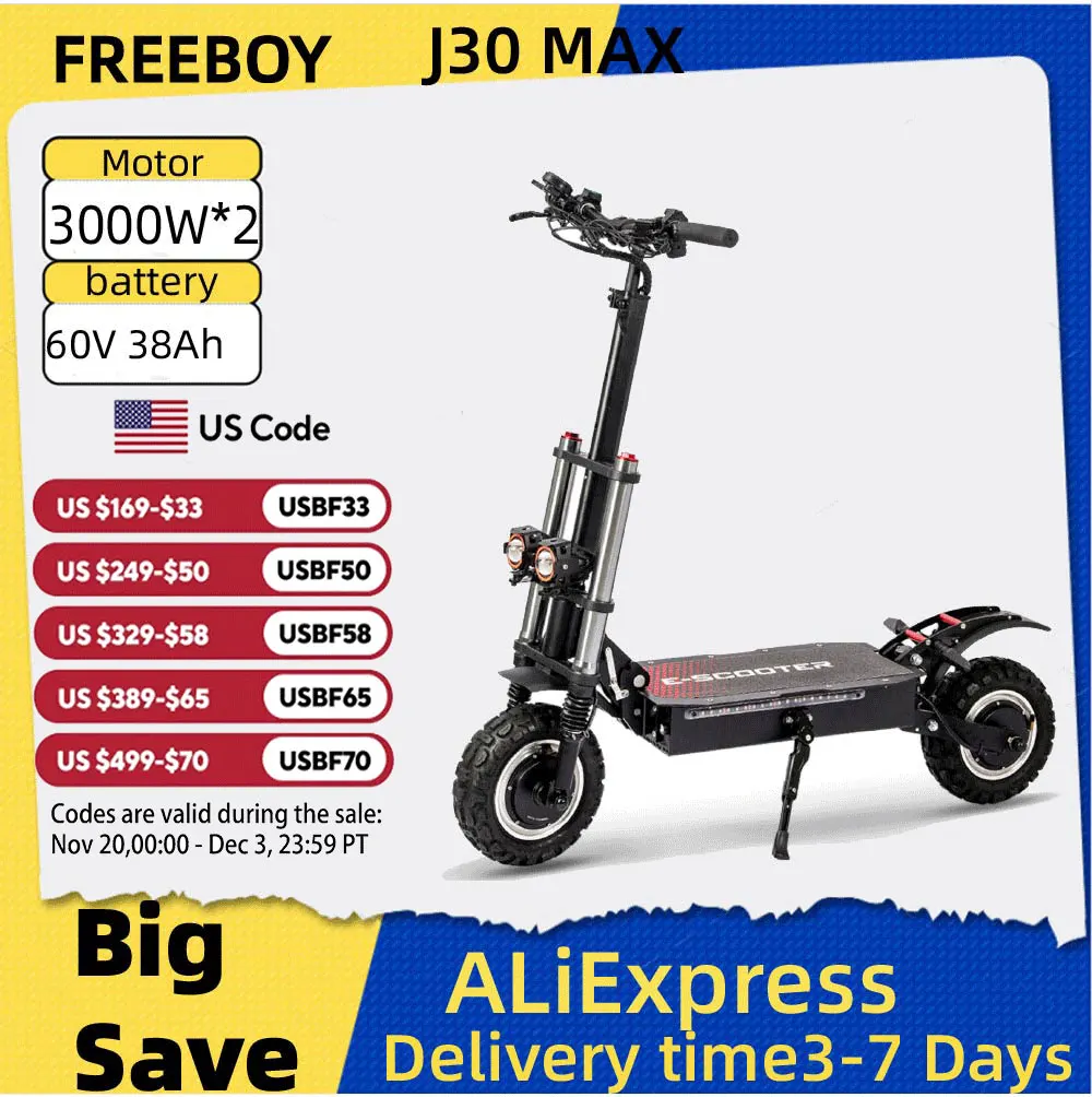 

FREEBOY J30 MAX Adult Electric Scooter 3000W*2 Motor, 60V 38AH Battery Folding E-Scooter 11 inch Fat Tire E-Mountain Scooter
