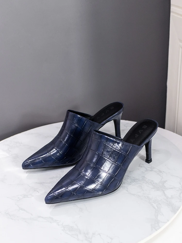 Trendy Pointed Toe Slim High Heel Women's Mules Summer Half Slippers Checkered Gliding Sandals Breathable Leather Slip-On Shoes