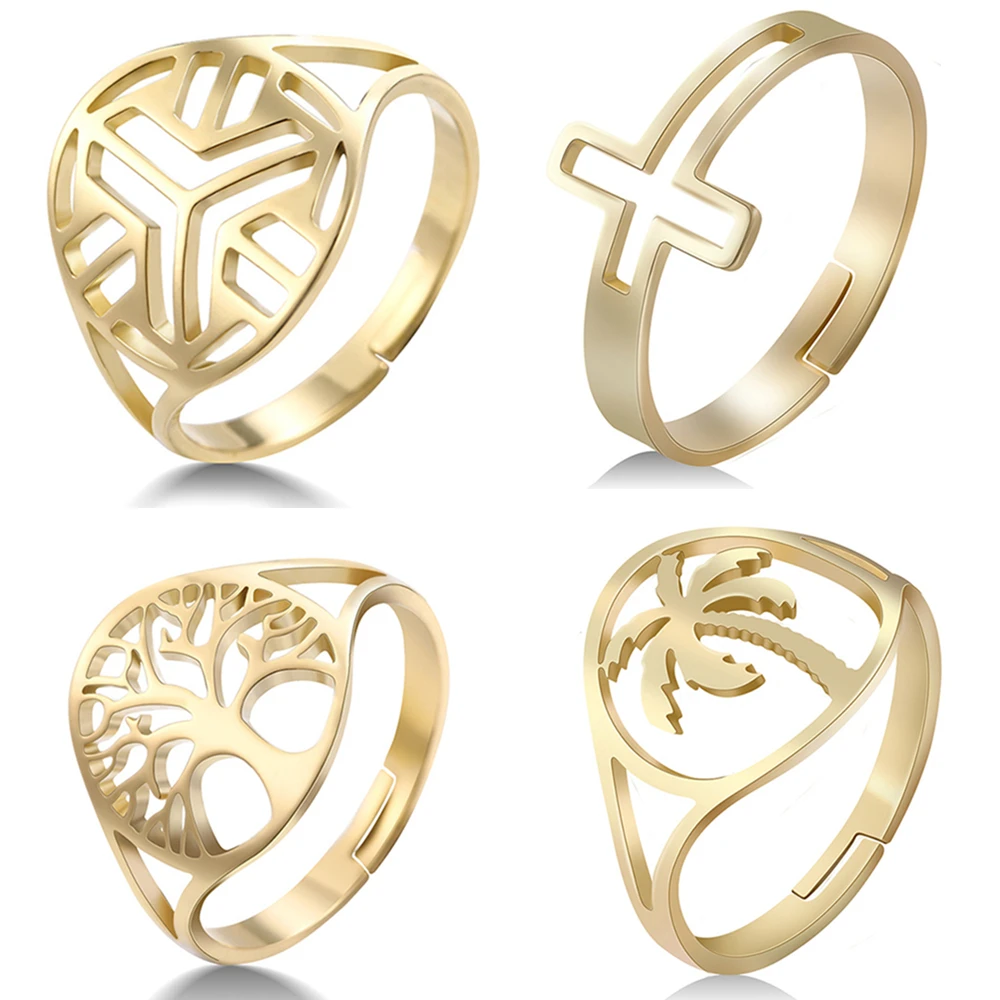 

Trendy Minimalist Gold Color Cross Maple Tree Rings Geometric Open Adjustable Finger Ring For Women Party Wedding Jewelry Gift