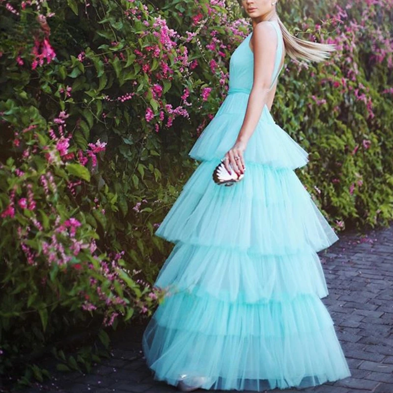 Robe de soirée longue en maille à volants pour femmes, col en V, rose, blanc, bleu, organza, bouffante, élégante, robe de Rhà plusieurs niveaux