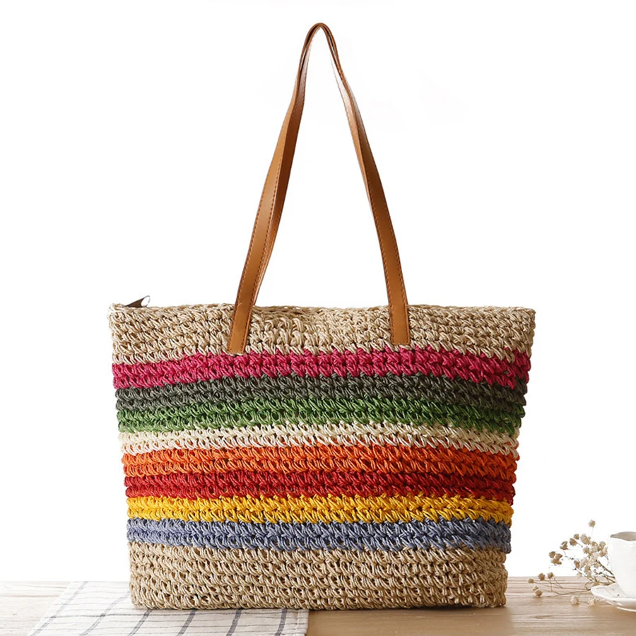 

Summer Women Striped Straw Tote Handbag Large Capacity Paper Rope Crochet Beach Bags Rainbow Contrast Color Daily Shoulder Bags