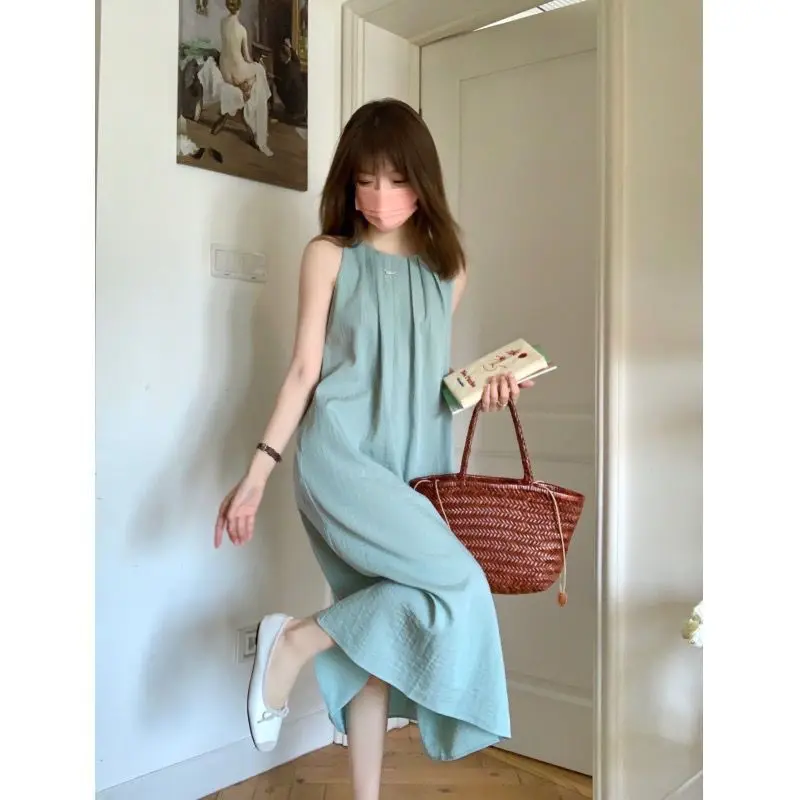 

Vacation Off Shoulder Elegant Dress Summer New Sleeveless Solid Loose All-match Midi Dress Temperament Fashion Women Clothing