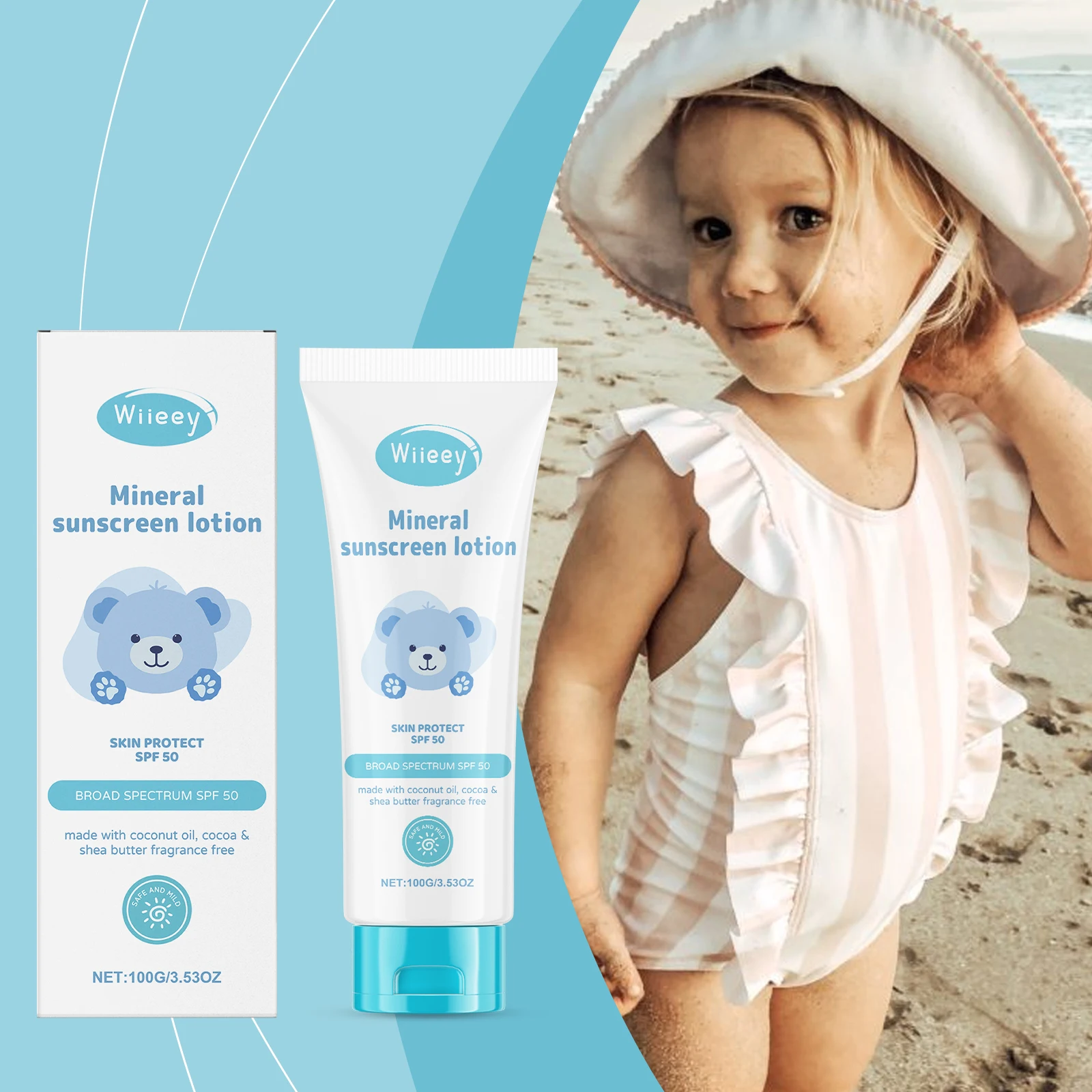 لوشن المعدني الواقي من الشمس SPF 50 - واقي من الشمس الطبيعي ذو الطيف العريض مع زيت جوز الهند وزبدة الشيا - 100 جم/3.53 أونصة