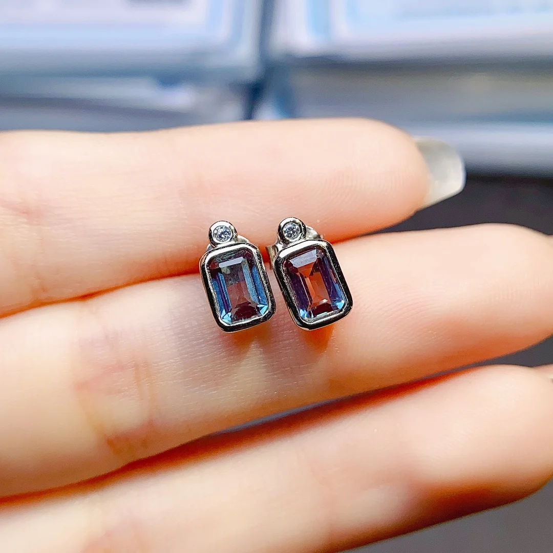 Emerald Cut 4x6mm Alexandrite Stud Earrings 925 Sterling Silver Color Changing Alexandrite Earrings For Women Gift