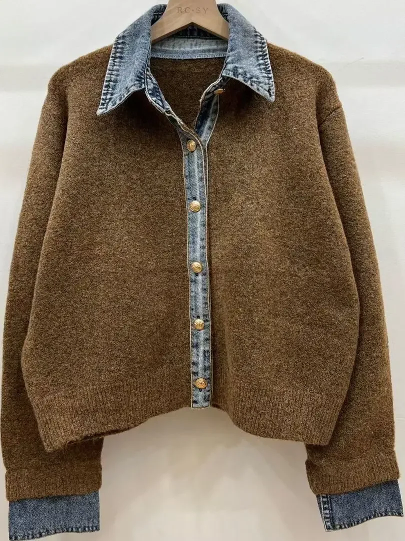 Nouveau Cardigan Chic en Denim à Col Couture Effet Deux Pièces pour Femme, Veste Tricotée Simple Boutonnage, Manteau Extérieur Féminin