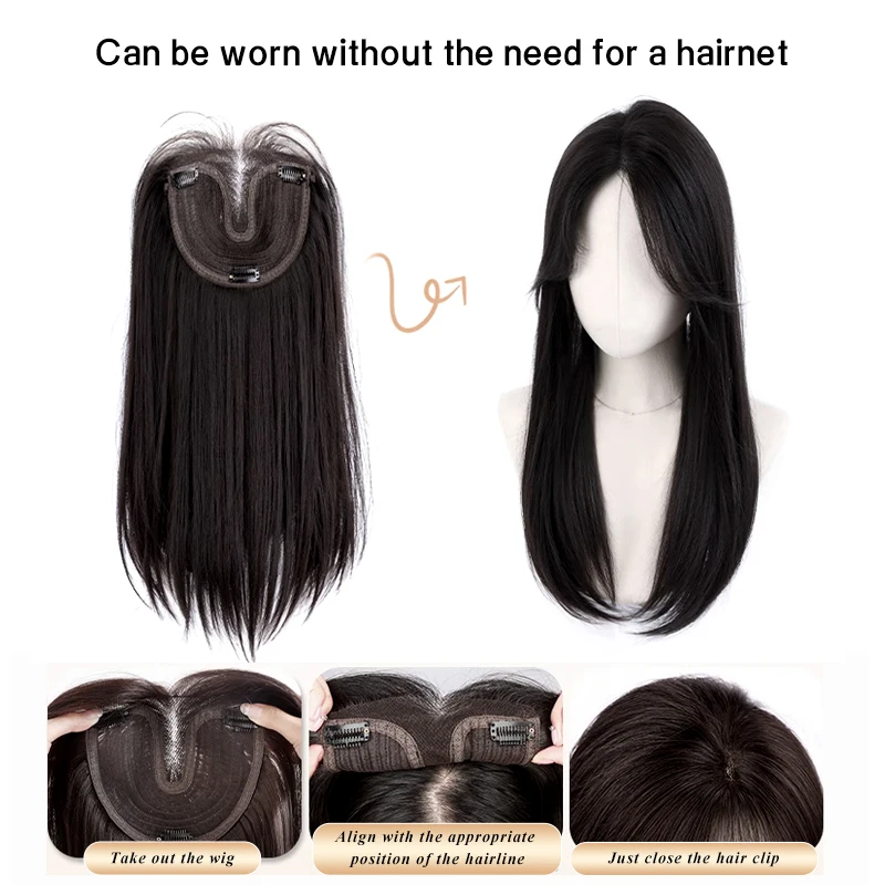 14X16cm Hairnet 55cm Mixed Hair Straight Invisible 3D Toupee Clip in One Piece Hair Extensions Topper for Women Hair Loss