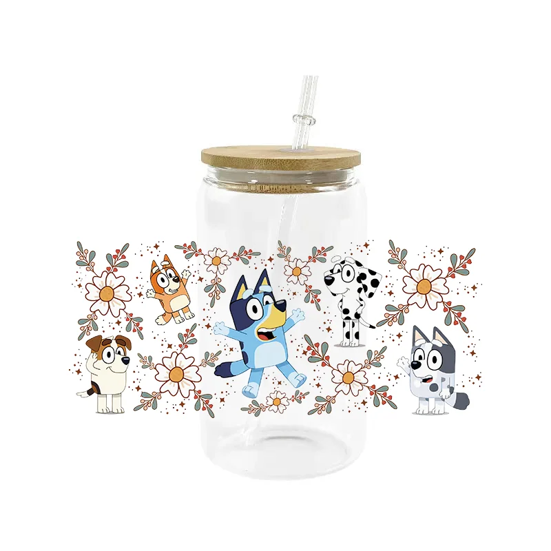 Miniso Cartoon dog Stickers Waterproof UV DTF Cup Mug Wraps Sticker DIY 3D Wrap Decal For 16oz Libbey Glass