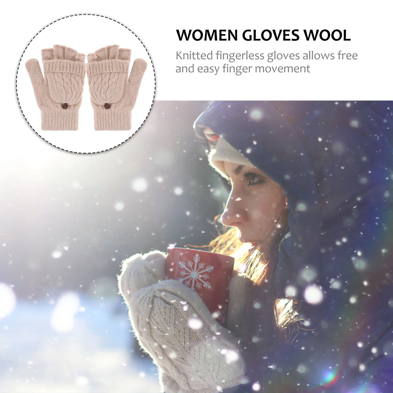 

Women Winter Warm Wool Knitted Fingerless Gloves Convertible Beige Mitten Cover Soft Comfortable Winter Semi Finger Gloves