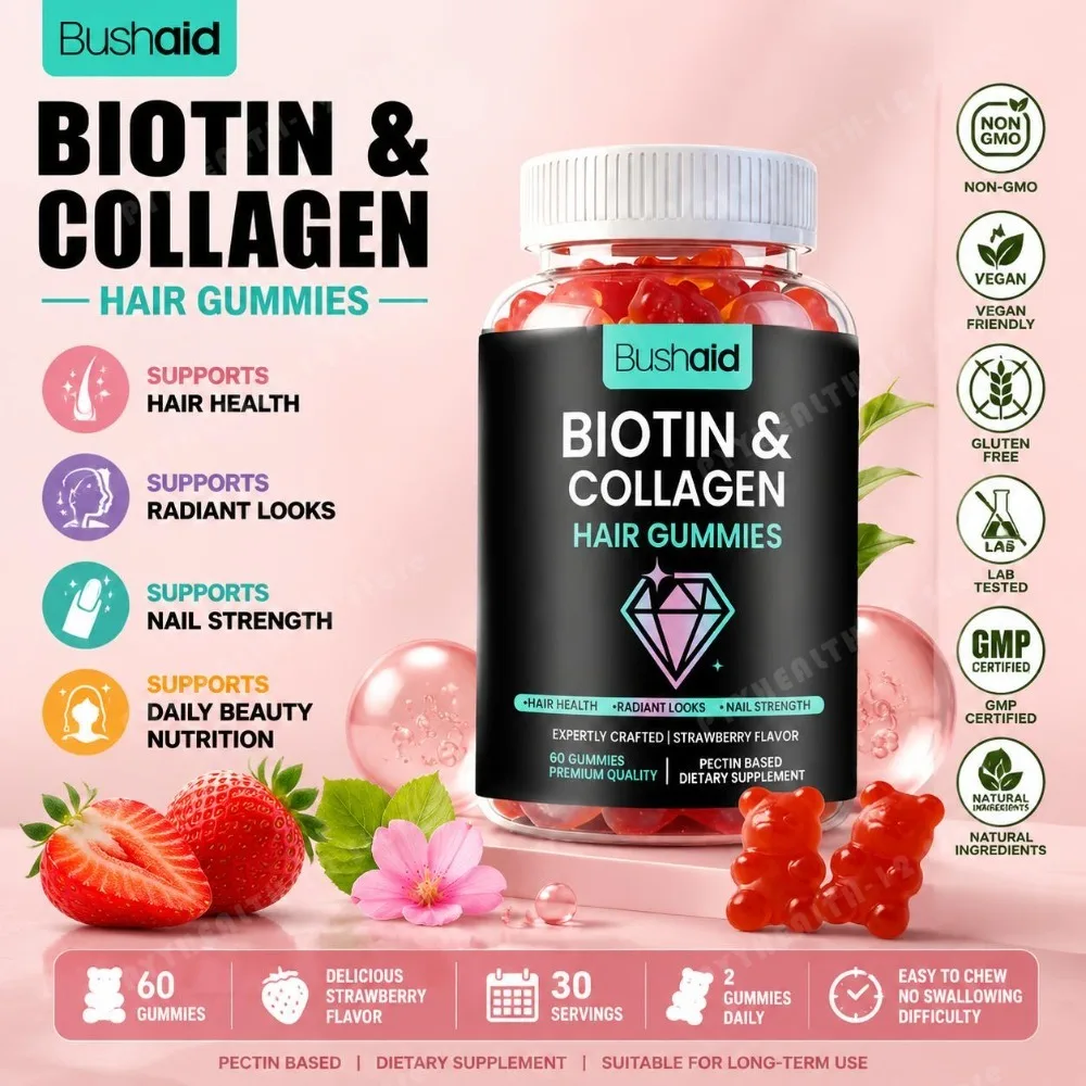Bushaid Biotin Collagen Hair Gummies Strawberry Flavor Biotin 600mcg MSM Vitamins A D B6 B12 Non-GMO Vegan Gluten Free 60 Count