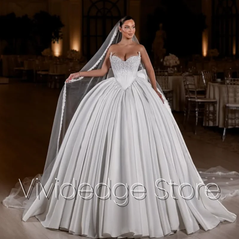 Customized Gorgeous Satin Gowns Wedding Dresses Long Bridal Gowns Heart Neckline Fluffy Beaded Pearl Embellished Bridal Gowns