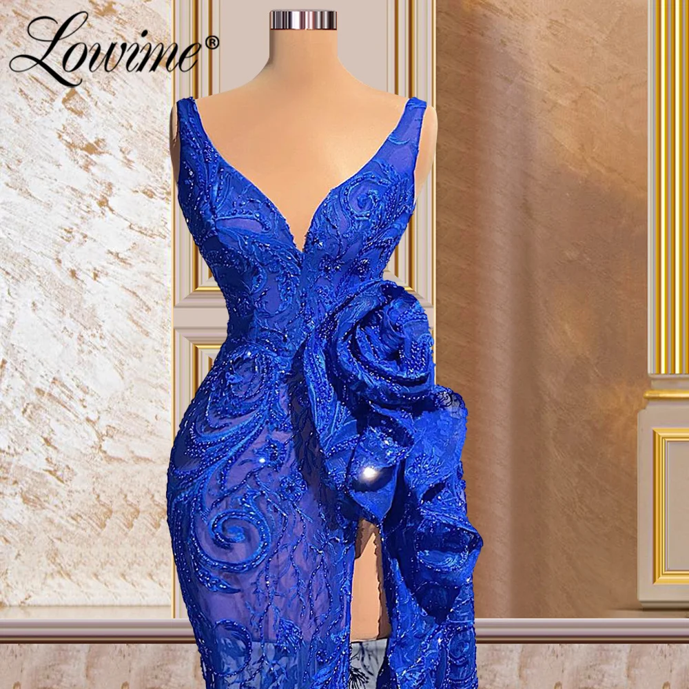 Lowime Elegant Beaded Royal Blue V Neck Long Mermaid Evening Dresses Plus Size Party Gowns Robes Lace Prom Dress High Split