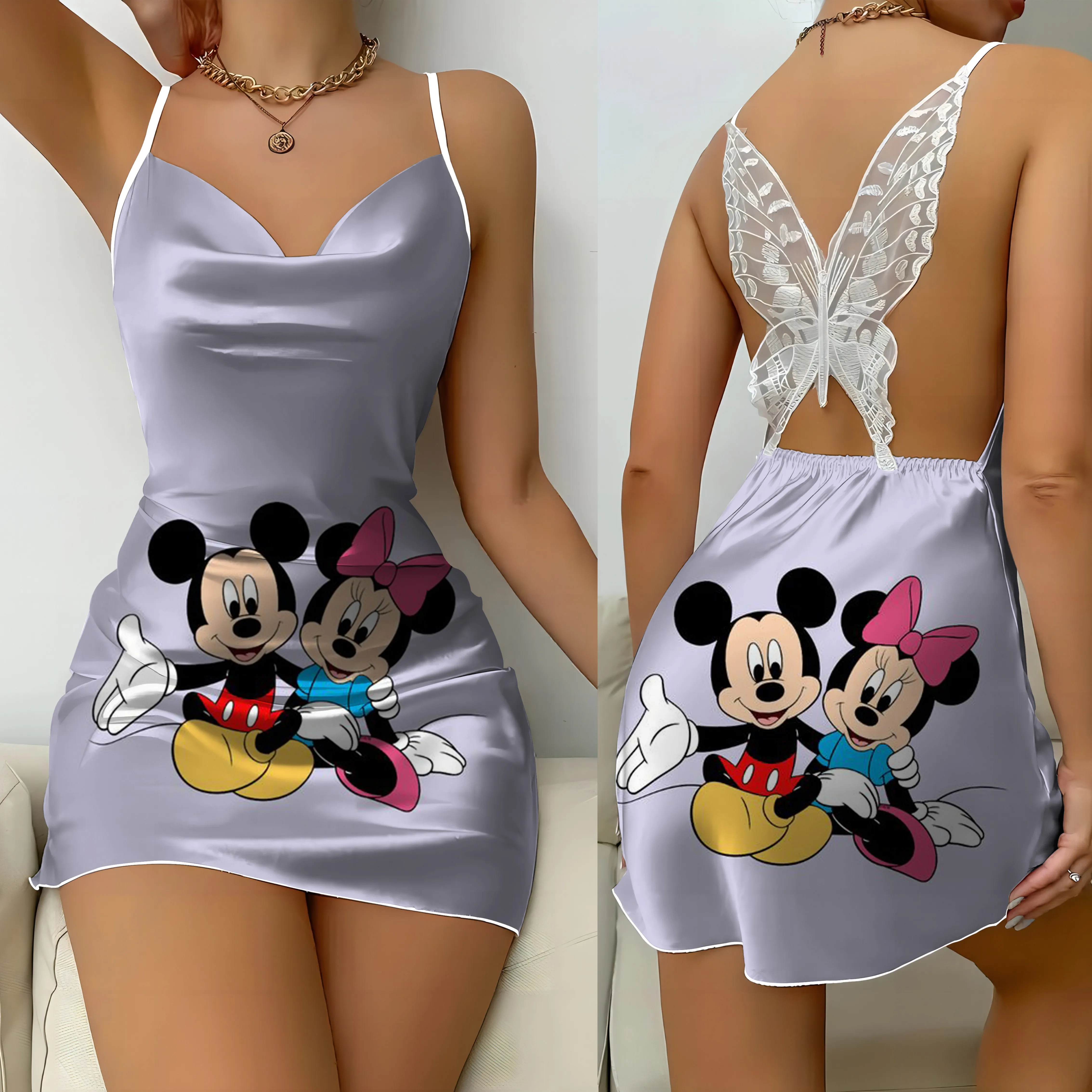 Minnie Mouse Strik Knoop Pyjama Rok Mode Zomer Jurken 2024 Rugloze Jurk Satijn Oppervlak Mickey Disney Womens Party Mini Sexy