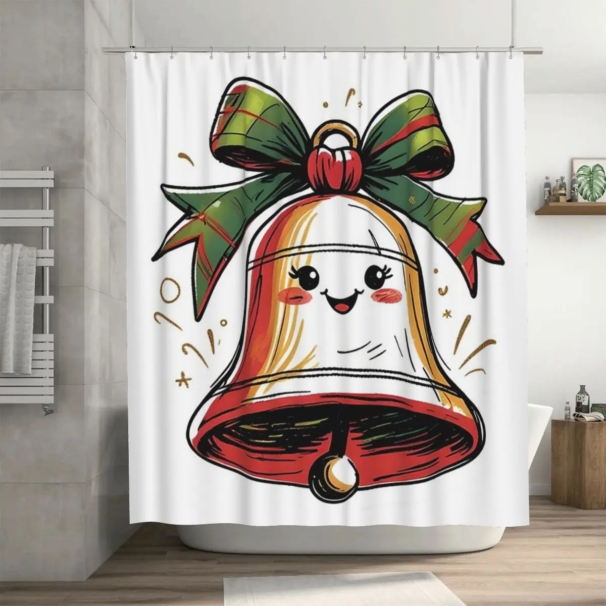 Hand-Drawn Christmas Bell Sticker With Festive Sketch Style Shower Curtain Bathroom Waterproof Bath Curtains with Hooks