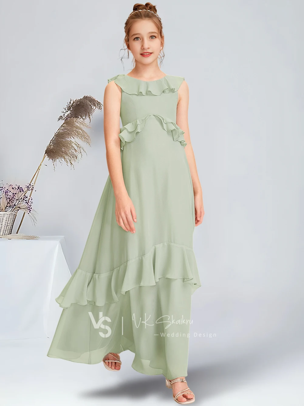 A-line Scoop Floor-Length Chiffon Junior Bridesmaid Dress With Cascading Ruffles Celadon Flower Girl Dress for Wedding Party