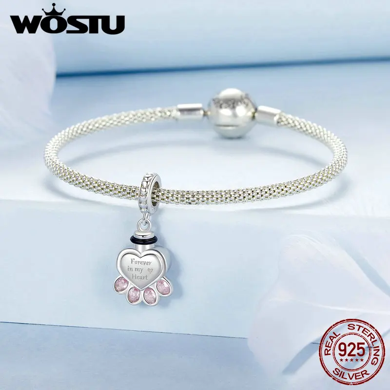 WOSTU 925 Sterling Silver Pet Memorial Urn Ashes Pendant Opened Heart Dangle Charm Paw Wings Fit Original Bracelet Customizable