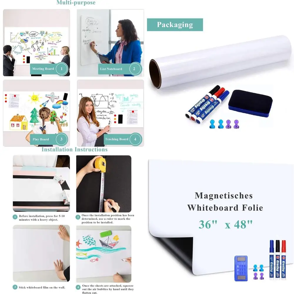Magnetic Whiteboard Roll, 48 x 36, Dry Erase Wall Decal, Easy Write & Clean, Includes Marker & Eraser