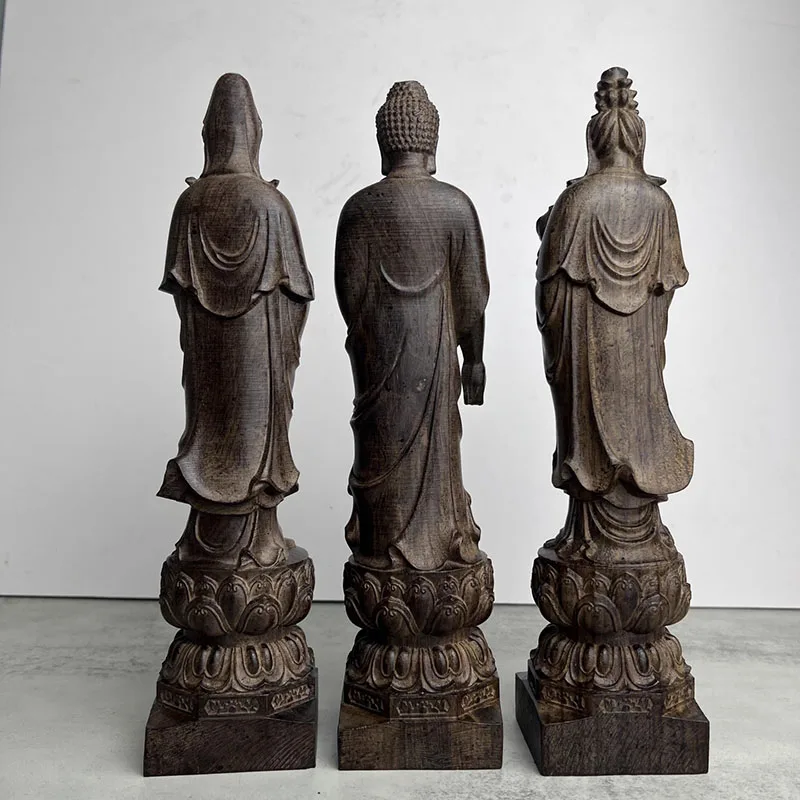 Hand Carved Western Three Saints Buddha Statue (Amitabha, Avalokiteśvara, Mahasthamaprapta) - Solid Wood Home Decoration & Reli