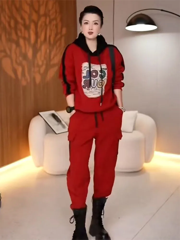 

European casual velvet set winter new style letter printed hooded sweatshirt and leg binding pants fashion two-piece set