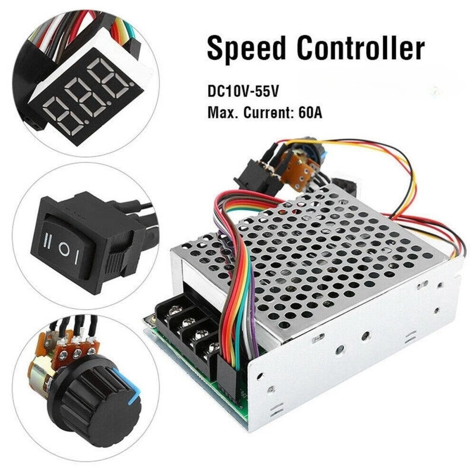 

Цифровой контроллер скорости двигателя DC10-55V 60A с ШИМ-управлением, переключателем, цифровым дисплеем, реверсивным управлением CW/CCW, 12В 24В 36В
