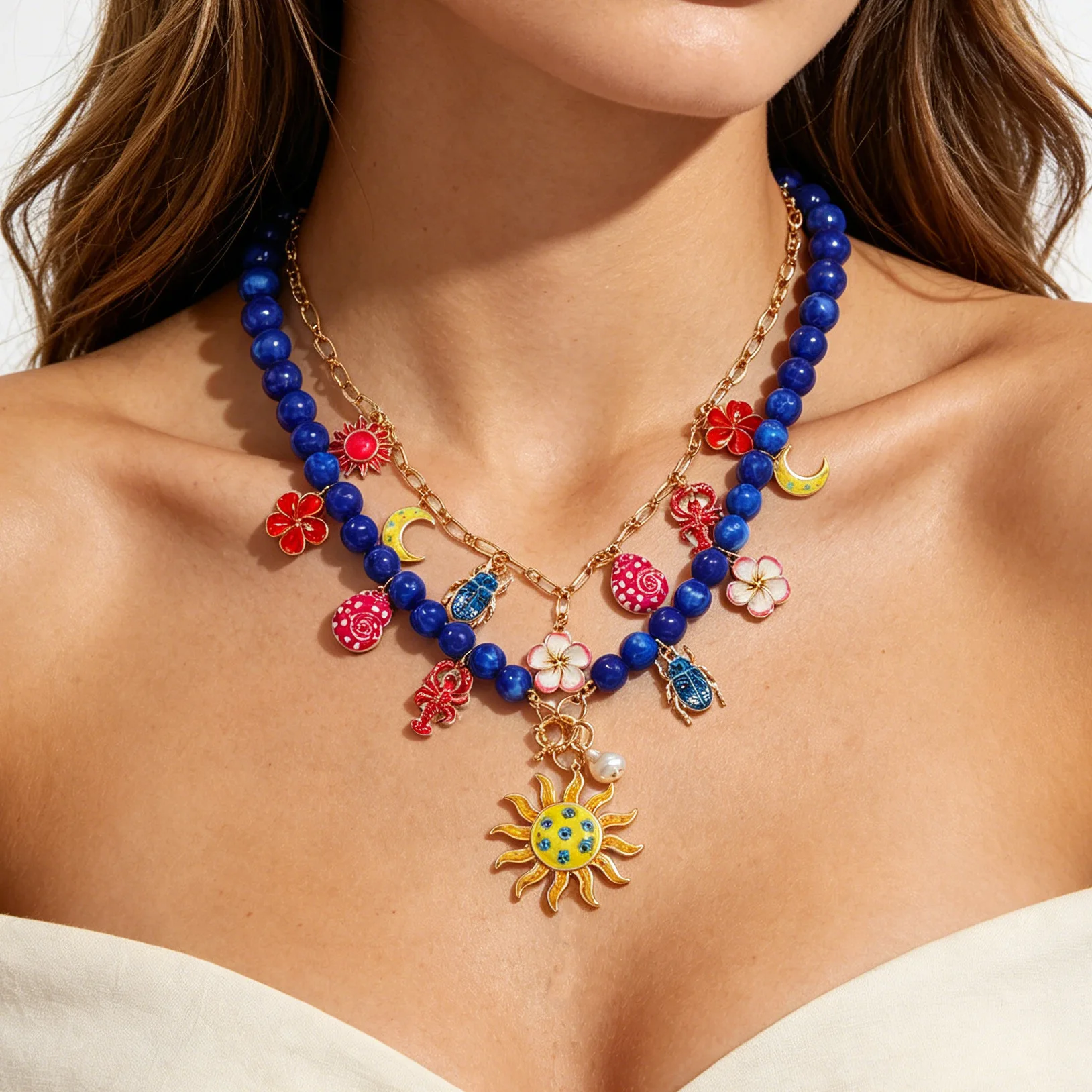 Double-layer round bead necklace, dripping conch lobster pendant, bohemian stacked female collarbone chain Source