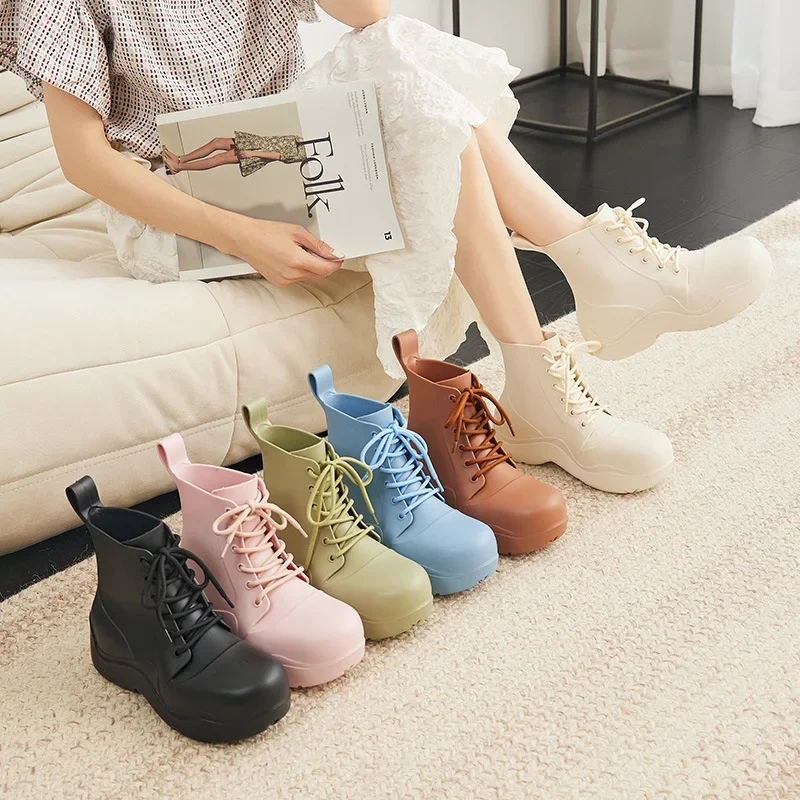 Rain Boots Women Thick Sole Outdoor Lace Up Non-slip Fashion Ankle Boots Work Solid Color Four Seasons Waterproof Zapatos Mujer