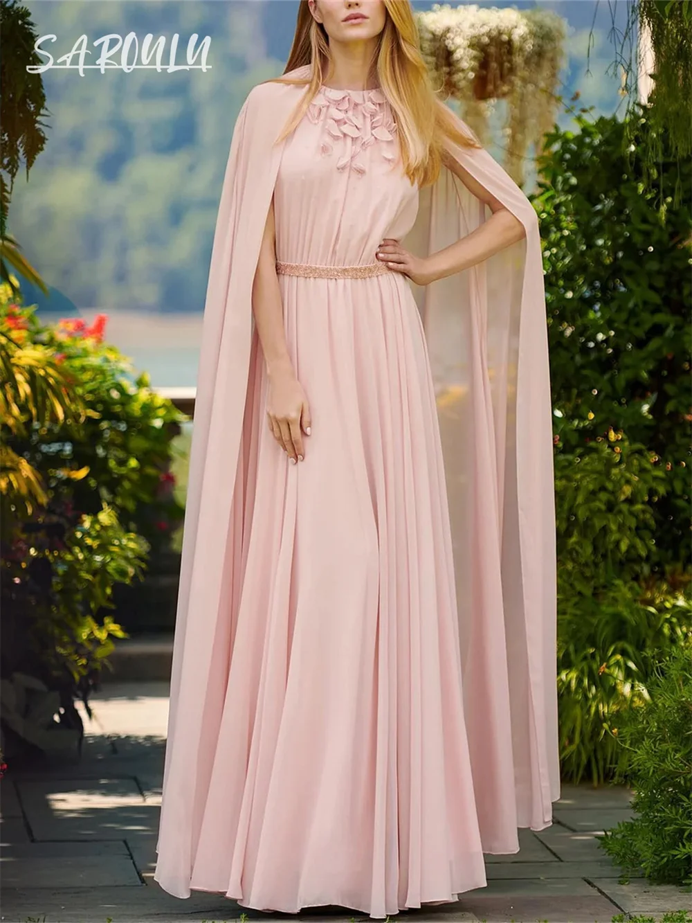 Graceful Petal Chiffon Long Evening Dress Customize Cape Sleeves O Neck Floor Length Party Gown Formal Outfit