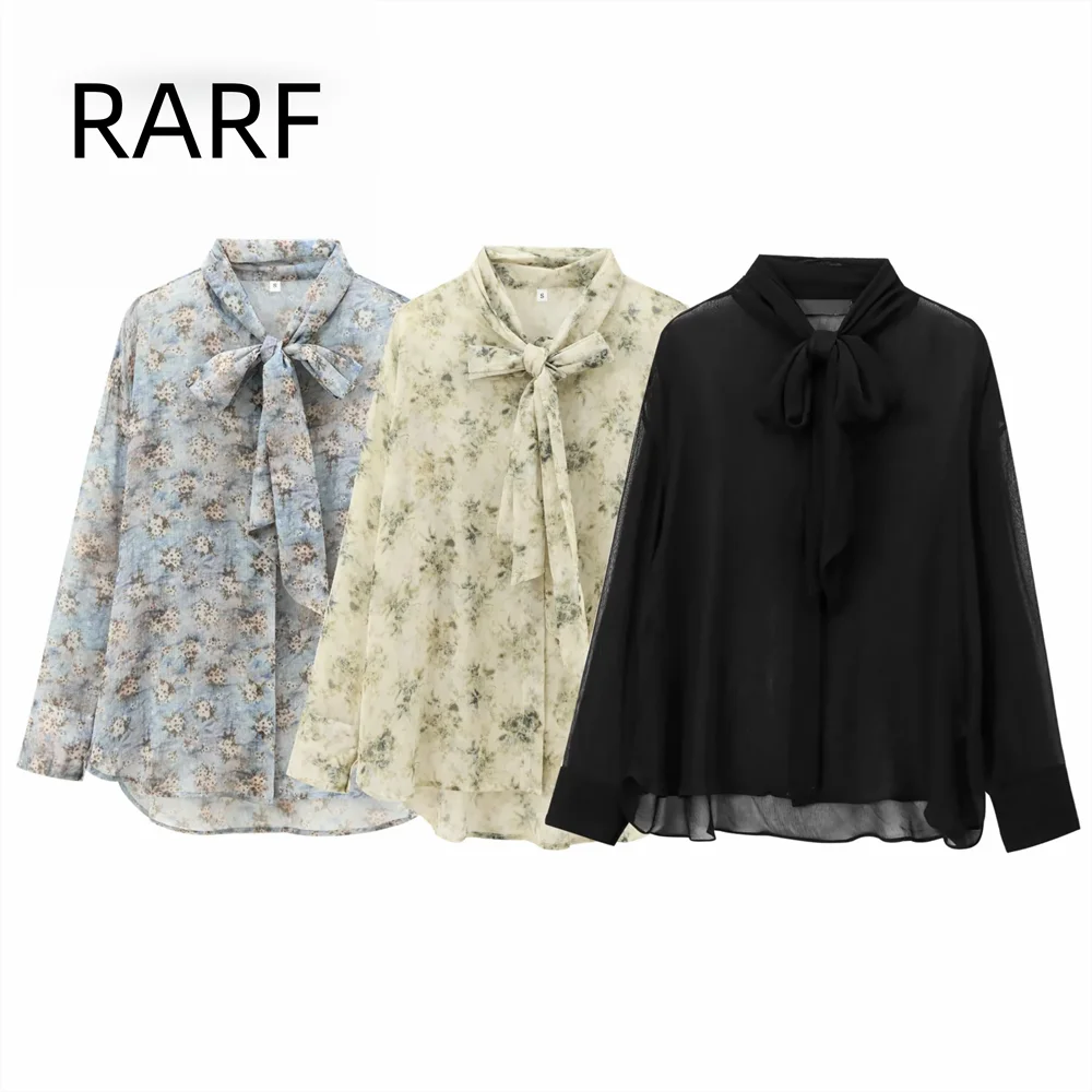 

2024 autumn and winter new French bow ribbon decoration floral micro transparent long sleeved shirt top for women