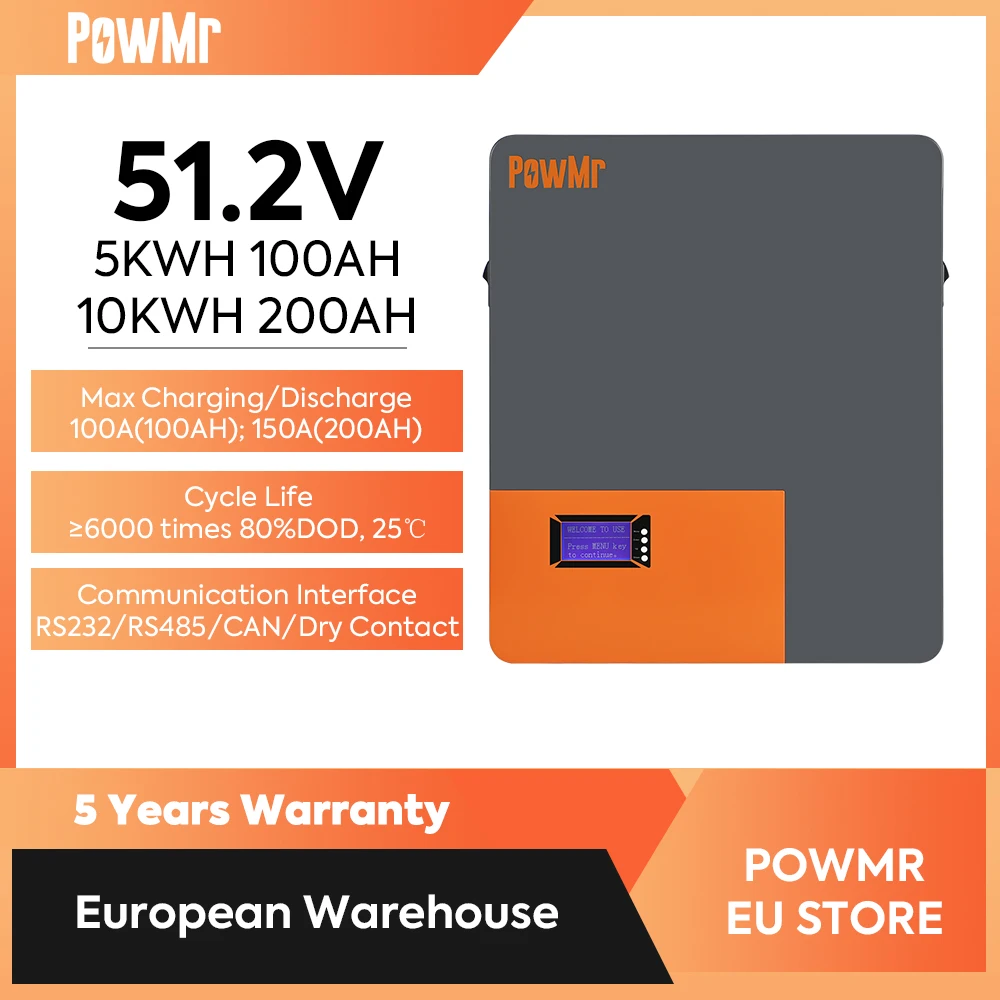 PowMr 51.2V 100Ah 200Ah LiFePO4 Powerwall 48V Lithium Battery 5KWH 10KWH Max 16 Parallel In, CAN, RS485