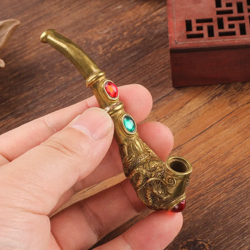 Portable Dragon Smoke Metal Pipes Vintage Copper Creative Smoking Pipe Inlaid Gemstones Tobacco Pipe Men Cigarette Mouthpiece