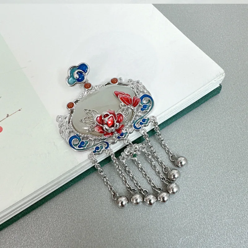 Langyan 925 Sterling Silver Enamel Butterfly Flower Tassel Pendant for Women Vintage Ethnic Style Coloful Jade Silver Pendants