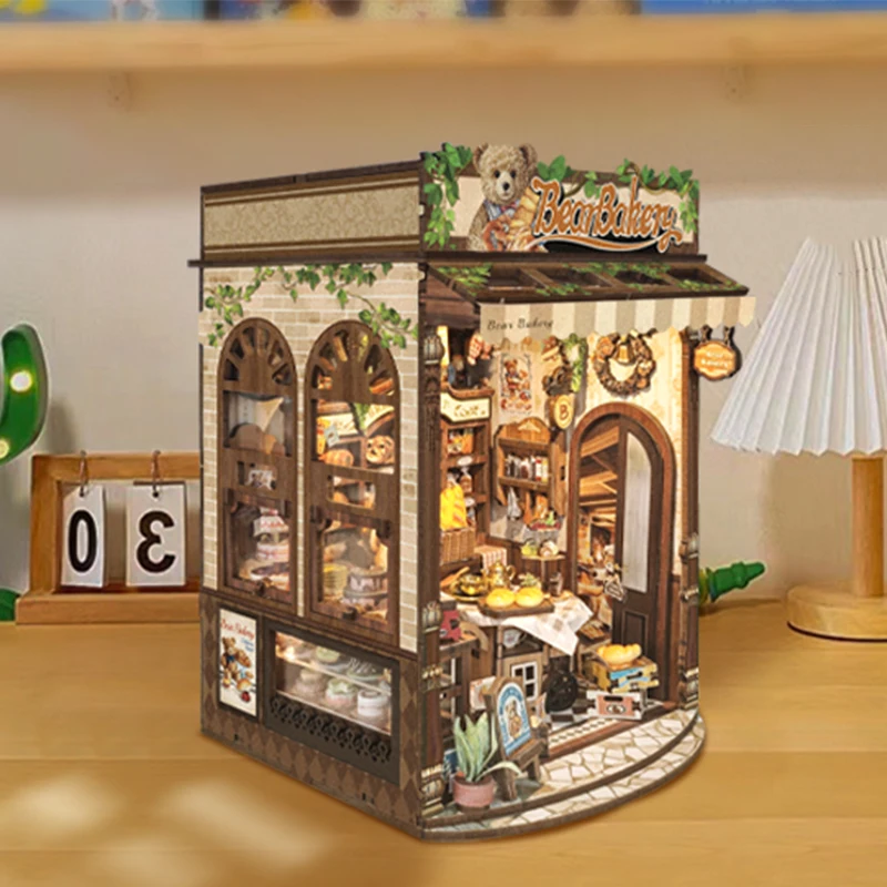 Kit de modelo en miniatura de madera DIY, casas de muñecas de panadería de oso, casa de muñecas de rompecabezas 3D con muebles ligeros para amigos, regalos de cumpleaños