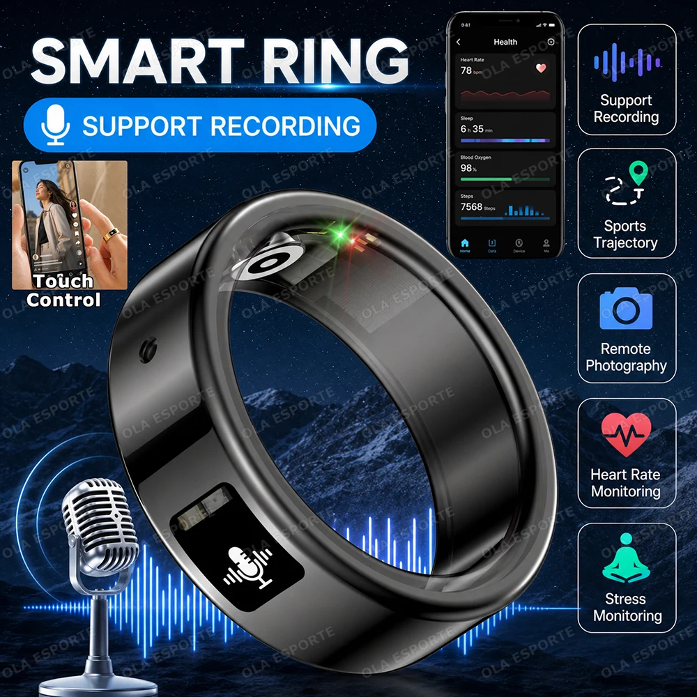 Image of KI-Aufnahme Smart Ring Herzfrequenz Blutsauerstoff Schlafmonitor Übersetzung Touch Sprachrekorder Sport Wasserdichter Smartring HT30