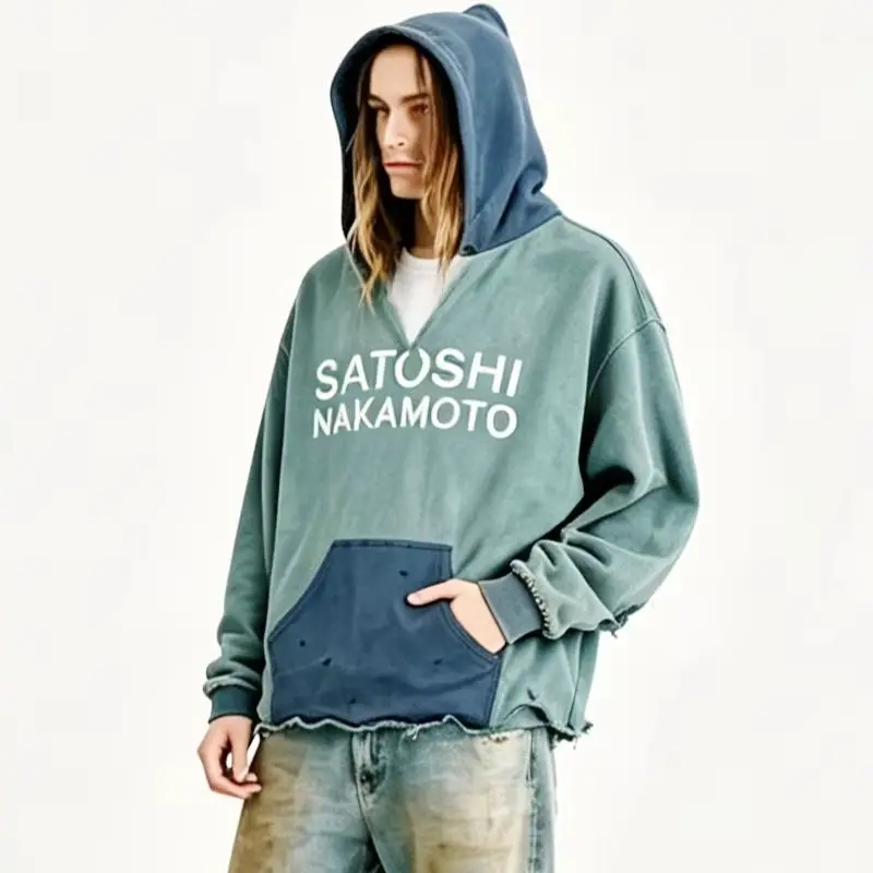 Vintage Washed Satoshi Hoodie Distressed Raw Hem Rivet Cuff Cotton Street Sweatshirt For Lovers