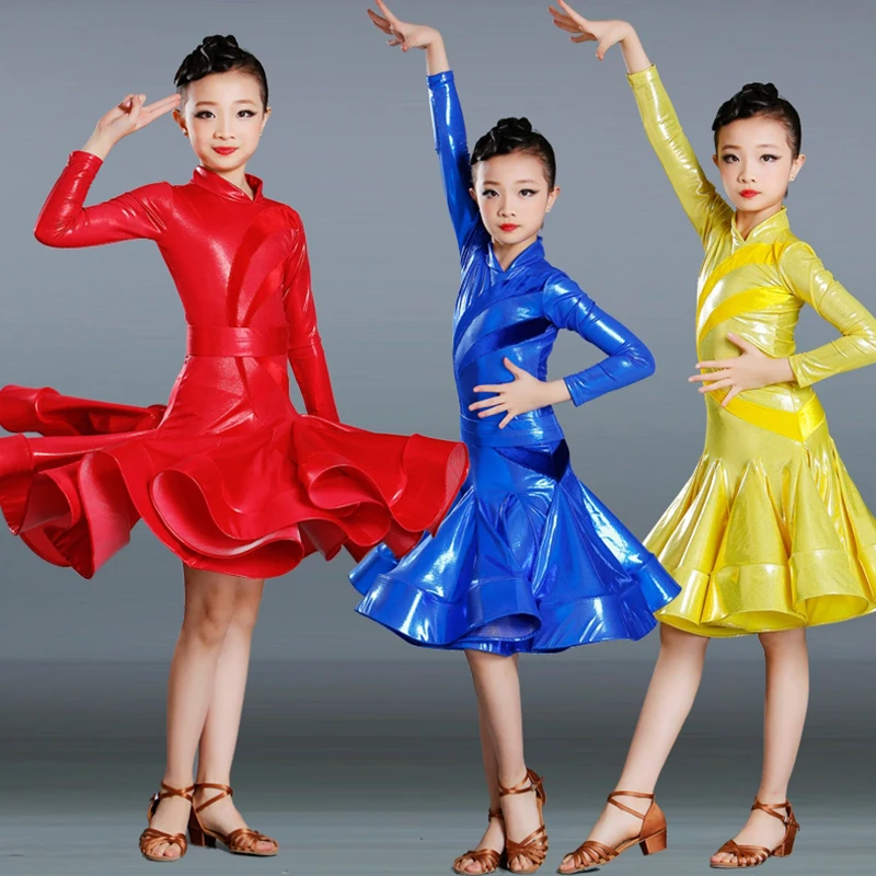 

Blue Latin Dance Suit Girls Latin Cha Cha Competition Dress Yellow Glossy Dance Bodysuit Ruffle Skirt Red Rumba Dancewear 2623