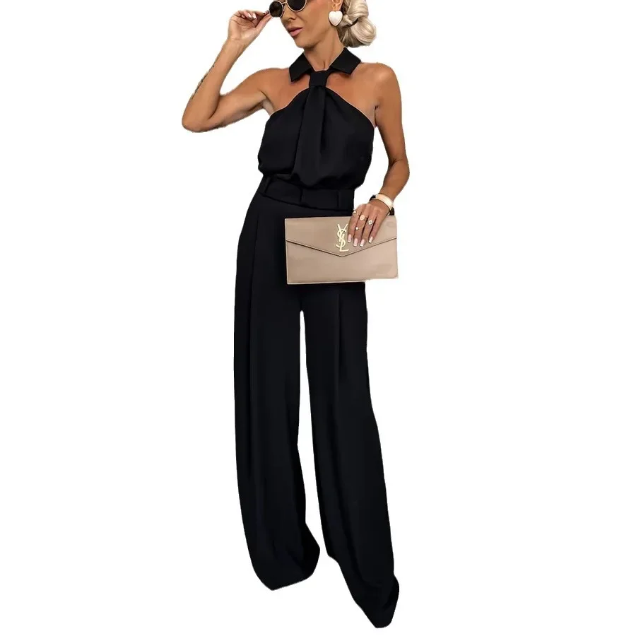 Women Elegant Waist Halter Jumpsuit Casual Tie Sleeveless Wide Leg Long Pant Summer Clothes