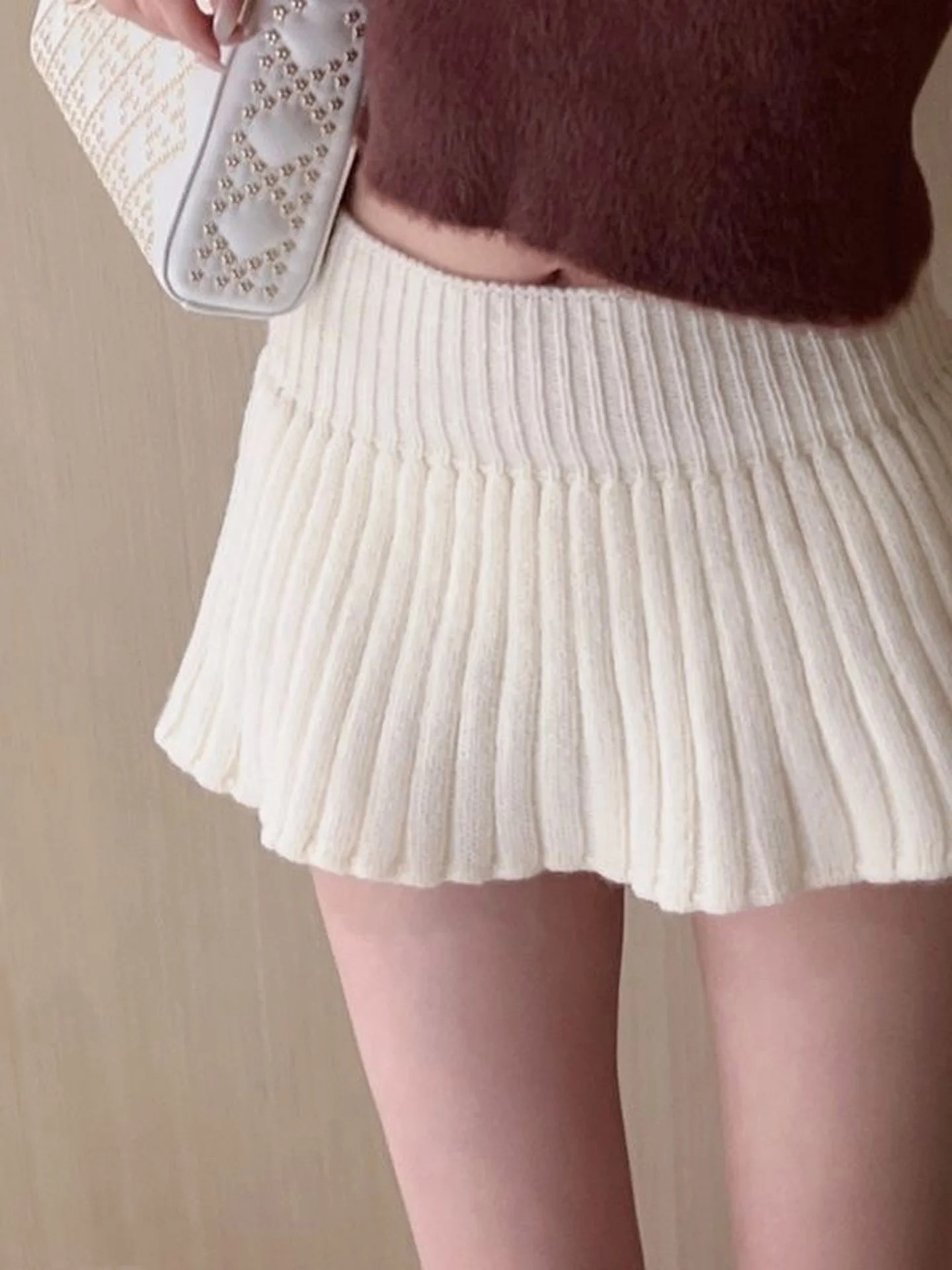 Sexy A-Line  Skirt Women's Knitted Pleated High Waist Elastic Casual Short Skirts Autumn New Style Pure Desire PU Material